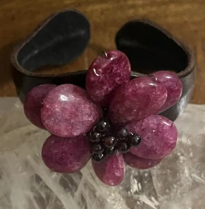 Novica Raspberry Quartz & Garnet Bead Leather Cuff Bracelet - Picture 1 of 5