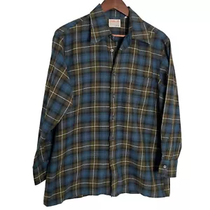 Vintage 60s Challa Cloth Cisco Button Down Shirt L Brown Blue Plaid Wool Cotton - Picture 1 of 5