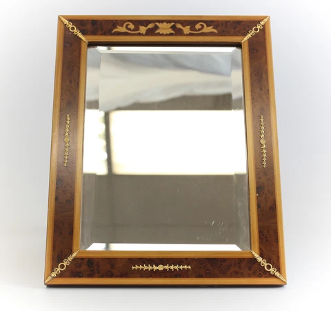 Vtg Italian Marquetry Framed Tabletop Mirror Gilt Sterling Silver embellishments Cover