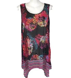 Autograph Tunic Top Black Plus Size 18 Pink Teal Floral Sheer Crinkle Chiffon - Picture 1 of 14