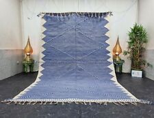 Moroccan Handmade Kilim Zanafi  6'5''x10'  Berber Geometric White Blue  Rug