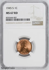 1945-S Lincoln Wheat Penny NGC MS67 RD BU Uncirculated Cent GEM - Picture 1 of 2