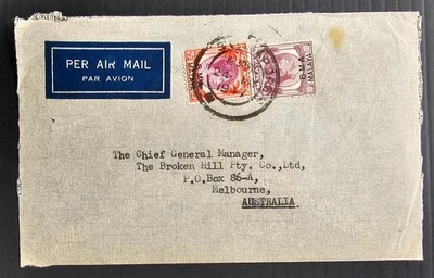 1947 Malaya BMA Correo Aéreo Cubierta Corbatas 2 Sellos CD Singapur-Melbourne Foto 1 de 2