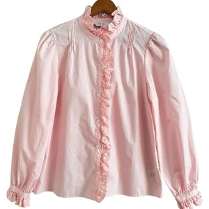 Camicetta rosa arruffata pizzo orlo bottoni davanti M Cottagecore top romantico edoardiano - Foto 1 di 9