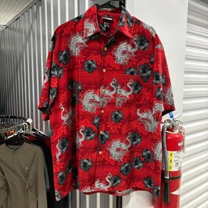 Camicia hawaiana rossa vintage Extreme Gear con stampa drago bianco e nero Large - Foto 1 di 5