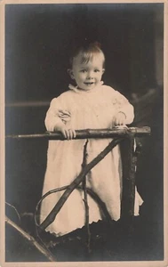 Vintage Antique Postcard Black and White Real Photo Young Boy at Rail - Picture 1 of 2