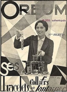 PUBLICITE OREUM BIJOUX BRACELET COLLIER MLLE ARLETTY DE 1926 FRENCH AD PUB RARE - Imagen 1 de 1