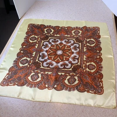 Hand Rolled Yellow Satin Orange Paisley Large Square Vintage Scarf - Image 1 of 4