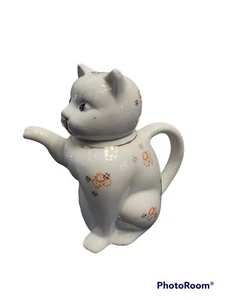 Chinese Lucky Cat Kitten Teapot With Orange Flowers Gold Accents 5" Vintage - Picture 1 of 6