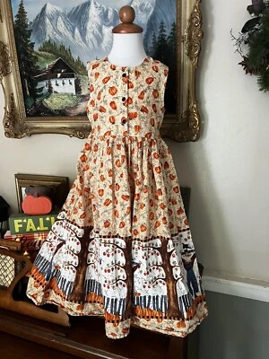 Girls Handmade Halloween Scarecrow Pumpkin Patch Sleeveless Dress - Image 1 of 4