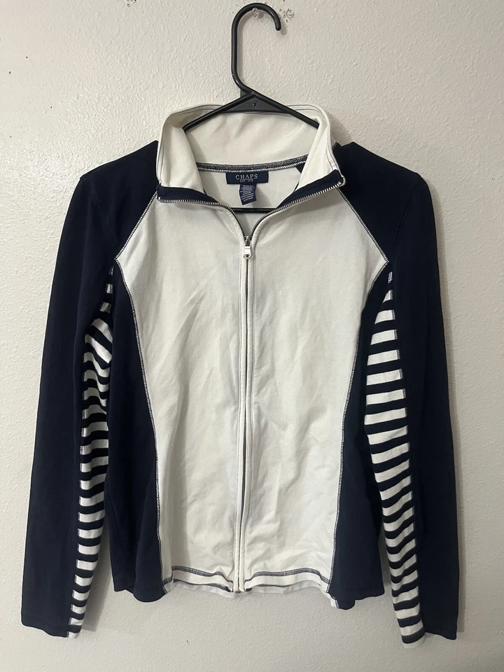 Chaqueta Top Para Mujer Mediana Chaps Cremallera Blanca Azul Marino Deportiva Foto 1 de 4