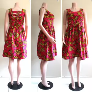 Hand Made Dress M Ankara Wax Cotton African Fuchsia Yellow Back Zip Sleeveless - Picture 1 of 8