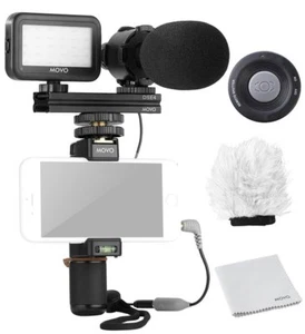 Movo Smartphone Video Rig V7 Grip/Stereo Microphone/LED Light for iPhone/Android - Picture 1 of 7