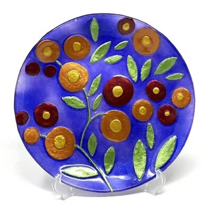 Unsigned 12” Reverse Painted Art Glass Plate Floral Contemporary Decorative - Picture 1 of 6