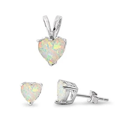 White Fire Opal Heart .925 Sterling Silver Earring & Pendant Set - Image 1 of 2
