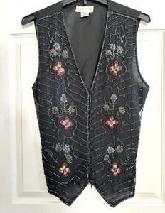Your Destiny Vintage Seidenweste Perlen Blumen Gr. Large Knopfleiste V-Ausschnitt schwarz - Bild 1 von 7