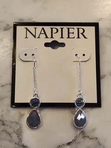 Napier Silver-Tone Blue Double Drop Earrings With Chain Back Design - Picture 1 of 5