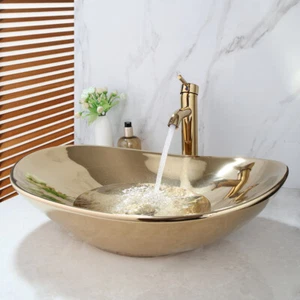 Large 23.6" Gold Bathroom Oval Ceramic Vessel Sinks Porcelian Bowl Mixer Tap Set - Picture 1 of 9