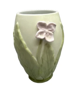 Floral Bud Vase Green Pink Ceramic Raised 3D - Picture 1 of 13
