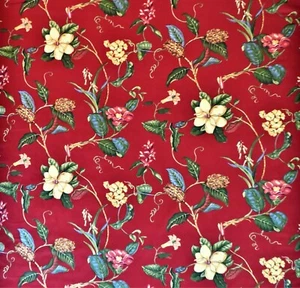 5 Yards Thibaut "Charlotte" Designer Cotton Fabric in Red Flowers & Lizards - Picture 1 of 5