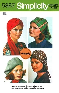 70s Turban, Beret, Scarf Hat, 1 Size Simplicity 5887 Sewing Pattern Reproduction - Picture 1 of 2