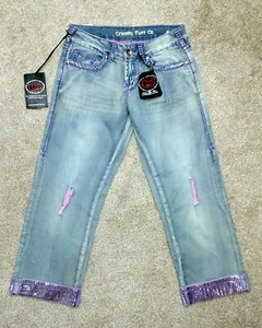 Cowgirl TUFF, Purple Sparkle Capri size 24x23 Junior Girls Distressed Jeans, NWT - Picture 1 of 6