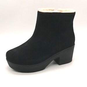 Fit Flop Womens Pilar Ankle Boots Black Suede Side Zip Faux Fur Lining 8 NEW