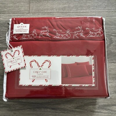 NWT Candy Cane Lane 6 Piece Christmas Sheet Bed Set Queen Size Red & White - Image 1 of 4