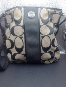 COACH Signature Stripe Duffle Handbag Signature Fabric Blk/Wht E1305-F21905 - Picture 1 of 14