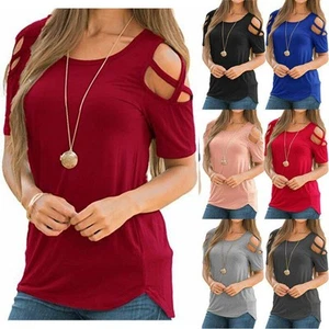Short Sleeve Blouse Tee Summer Shirt Ladies Casual Tops Womens Cold Shoulder - Picture 1 of 18