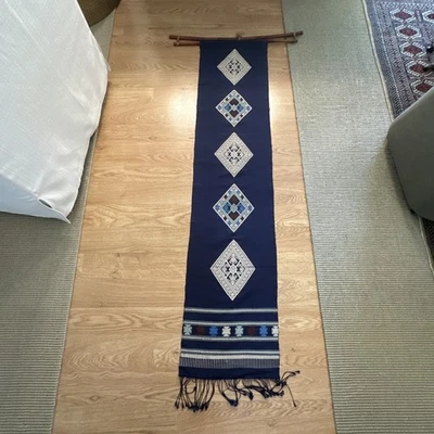 Blue Embroidered Wall Hanging With Bamboo Hanger 64 1/2 Inches Long - Image 1 of 4