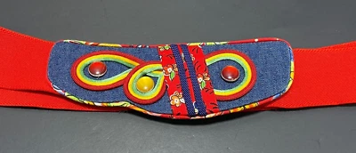 Vintage 80's Red Elastic Woman's Belt w/Denim & Gem Decor~Size 12 - Image 1 of 4