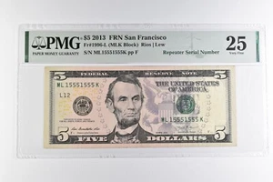 PMG VF 25 $5 2013 San Fran, CA US FRN Green Seal Repeater S/N Fr#1996-L *8169 - Picture 1 of 3