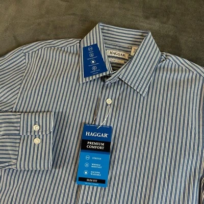 Camisa de Vestir Haggar Premium Cómoda Calce Ajustado Azul Blanco Rayas Hombres 14-14.5 32/33 Foto 1 de 4