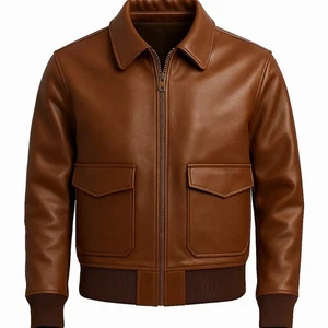 Classic Brown Leather Bomber Jacket, Front Pockets, Ribbed Trim - Picture 1 of 4