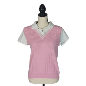 Lauren Ralph Lauren Pullover Weste rosa Zopfmuster mit angenähtem Kragen Shirt - Bild 1 von 8