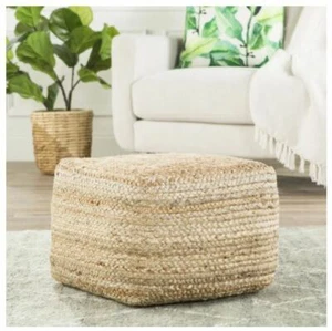 Beige Cube Square Shape Jute Pouf Polystyrene Beads Ottoman Foot Stool Furniture - Picture 1 of 5