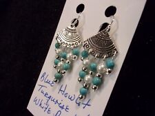 925 Blue Howlite Turquoise & White Pearl Ball Hook Chandelier Earrings