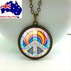 Hippies Peace and Love Sign Glass Cabochon Pendant Necklace Hippy Dome Rainbow