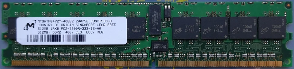 2x Micron Technology MTSHTF6472Y-40EB2 512MB DDR2-400 PC2-3200R ECC REG DIMM - Image 1 of 1