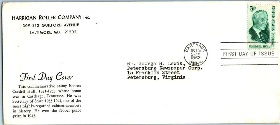1963 Cordell Hull Nobel Prize winner Sc 1235-20 Harrigan Roller Co. cachet - Image 1 of 1