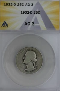 1932-D  .25  ANACS  AG 3   Washington Quarter, Silver 25 Cents - Picture 1 of 2