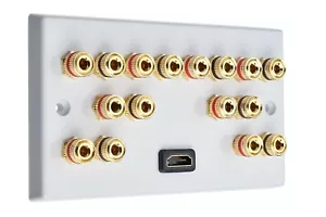 White 8.0-1H Speaker Wall Plate + 1 HDMI. 16 Gold Binding Posts Non-solder - Picture 1 of 3