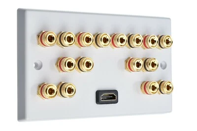 White 8.0-1H Speaker Wall Plate + 1 HDMI. 16 Gold Binding Posts Non-solder - Image 1 of 3