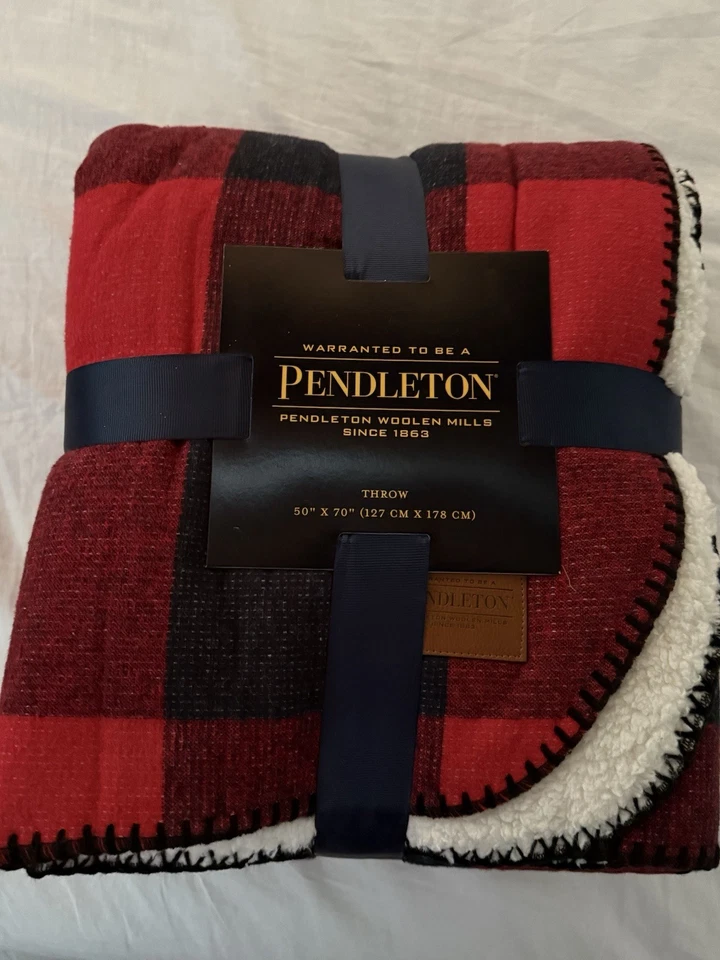 NWT Pendleton Throw Blanket Buffalo Check Plaid Red Black Plush Sherpa 50"x70" - Image 1 of 4