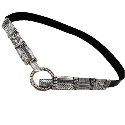 Chico's Women's Large Waist Belt Blk Leather & Metal Embellishments 39" Boho - Image 1 of 4