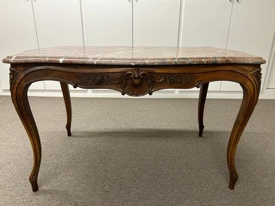 MESA FRANCESA ANTIGUA VINTAGE Madera de Caoba MARRÓN-CREMA-GRIS MÁRMOL SUPERIOR 1 Cajón Foto 1 de 4