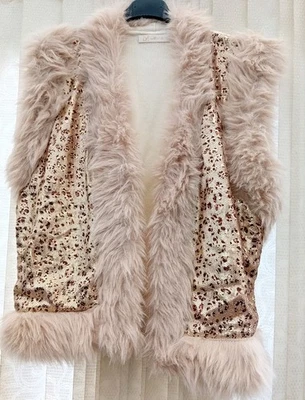 BNWT Lamiar Beige Plush Fur Edged Gold Animal Print Sequin Front Design Gillet - Image 1 of 4