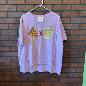 Y2K Sequin Graphic Tee Purple Pizza and Beer - Size Small Game Day Oversized - Picture 1 of 11