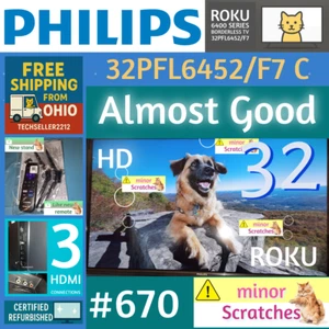 Philips 32" HD(720P Smart Roku Borderless LED TV 32PFL6452/F7C with Remote/Stand - Picture 1 of 22